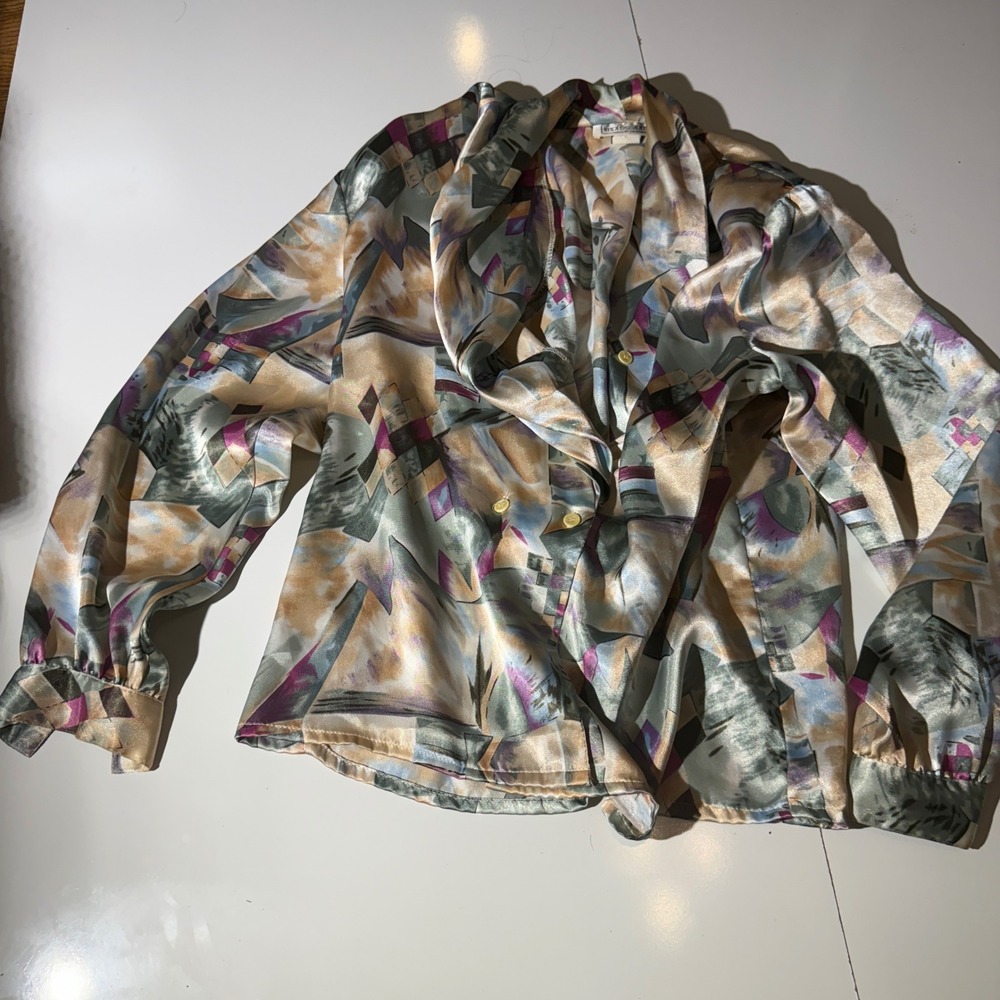 Vintage 80s Impressions of California Abstract Satin Blouse Made in USA Size 12